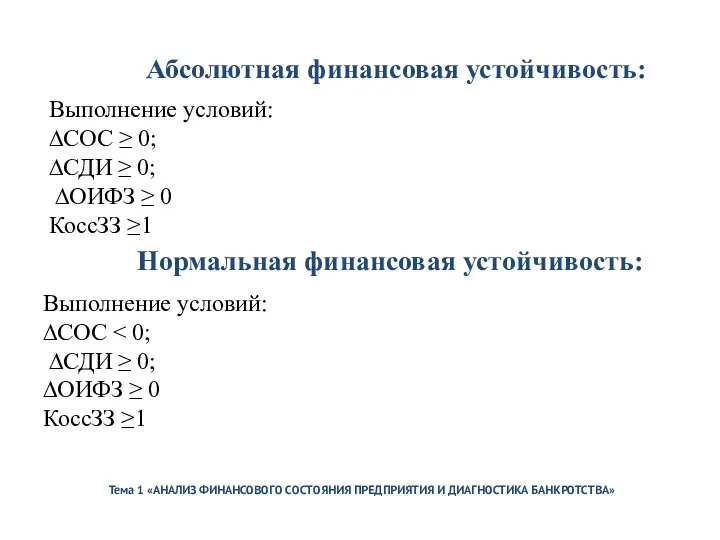 Тема 1 «АНАЛИЗ ФИНАНСОВОГО СОСТОЯНИЯ ПРЕДПРИЯТИЯ И ДИАГНОСТИКА БАНКРОТСТВА» Нормальная финансовая устойчивость: Выполнение