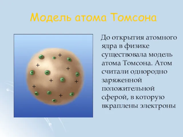 Модель атома Томсона До открытия атомного ядра в физике существовала модель атома Томсона.