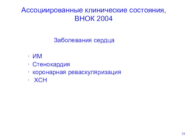 Ассоциированные клинические состояния, ВНОК 2004 Заболевания сердца ИМ Стенокардия коронарная реваскуляризация ХСН