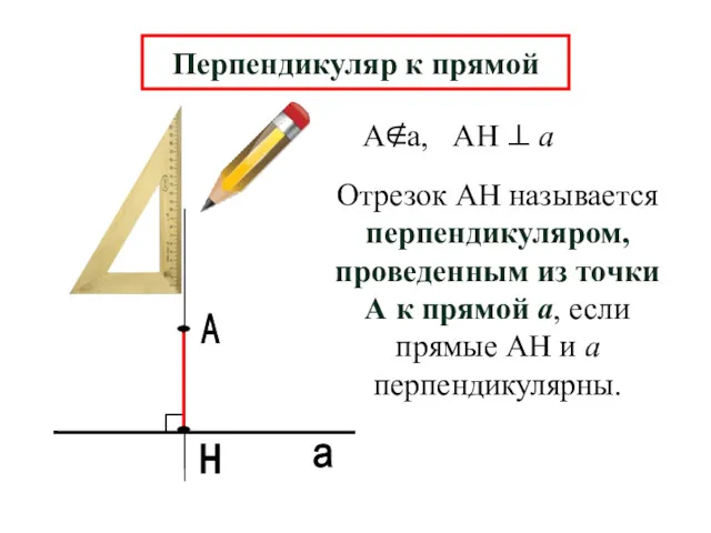 А н а Перпендикуляр к прямой Отрезок АН называется перпендикуляром,