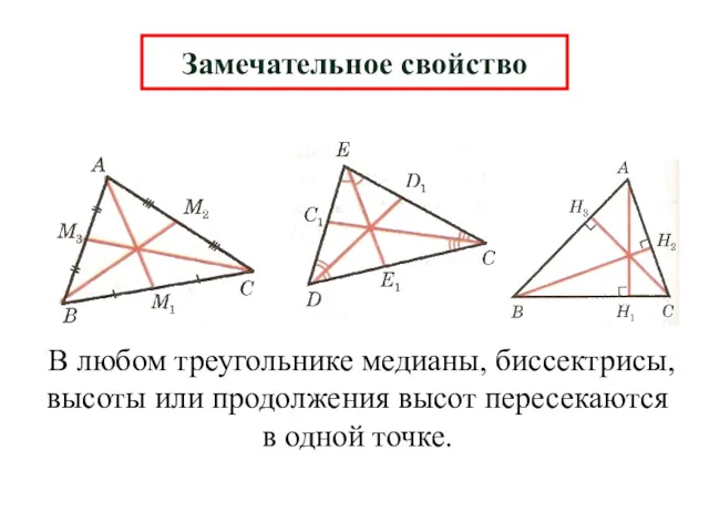 Замечательное свойство В любом треугольнике медианы, биссектрисы, высоты или продолжения высот пересекаются в одной точке.