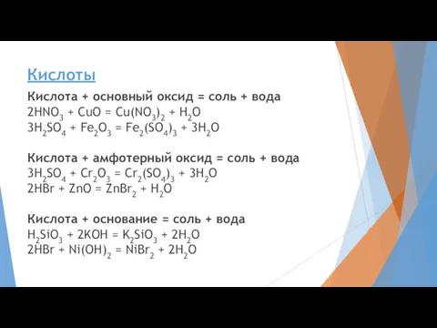 Кислоты Кислота + основный оксид = соль + вода 2HNO3