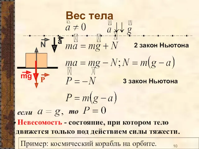 Вес тела Пример: космический корабль на орбите.