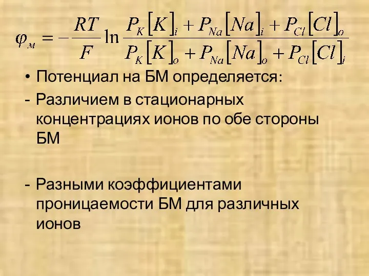 Потенциал на БМ определяется: Различием в стационарных концентрациях ионов по