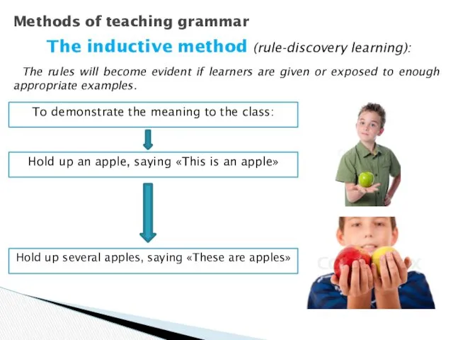 Methods of teaching grammar The inductive method (rule-discovery learning): The