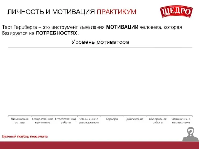 ЛИЧНОСТЬ И МОТИВАЦИЯ ПРАКТИКУМ Целевой подбор персонала Тест Герцберга –