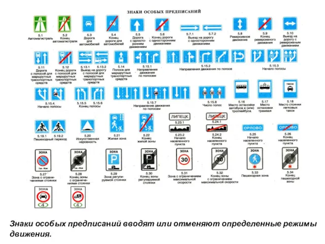 Знаки особых предписаний вводят или отменяют определенные режимы движения.