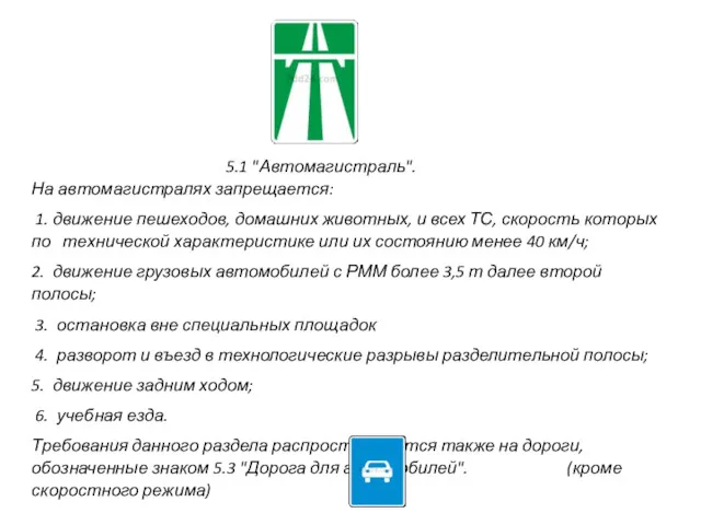 5.1 "Автомагистраль". На автомагистралях запрещается: 1. движение пешеходов, домашних животных,