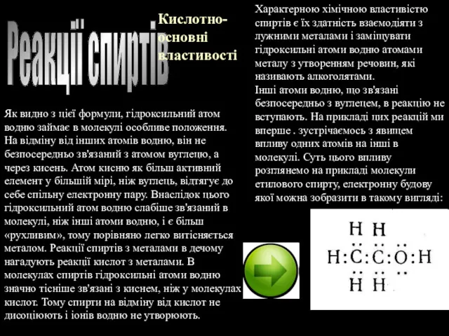 Реакції спиртів Кислотно-основні властивості Характерною хімічною властивістю спиртів є їх