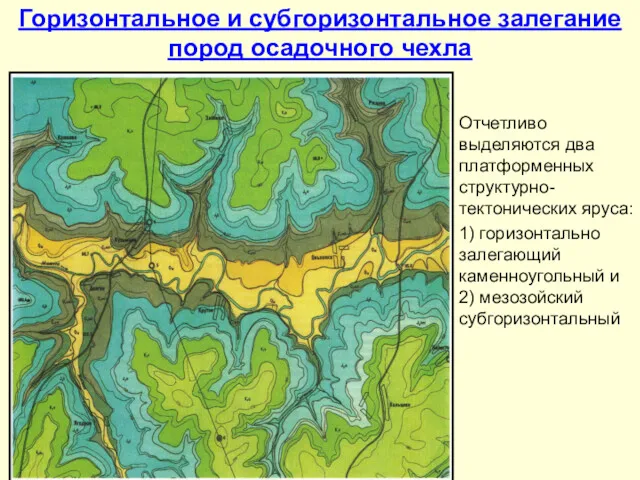 Горизонтальное и субгоризонтальное залегание пород осадочного чехла Отчетливо выделяются два