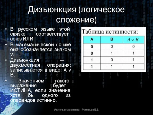 Дизъюнкция (логическое сложение) В русском языке этой связке соответствует союз