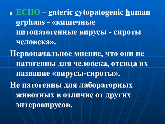 ECHO – enteric cytopatogenic human orphans - «кишечные цитопатогенные вирусы