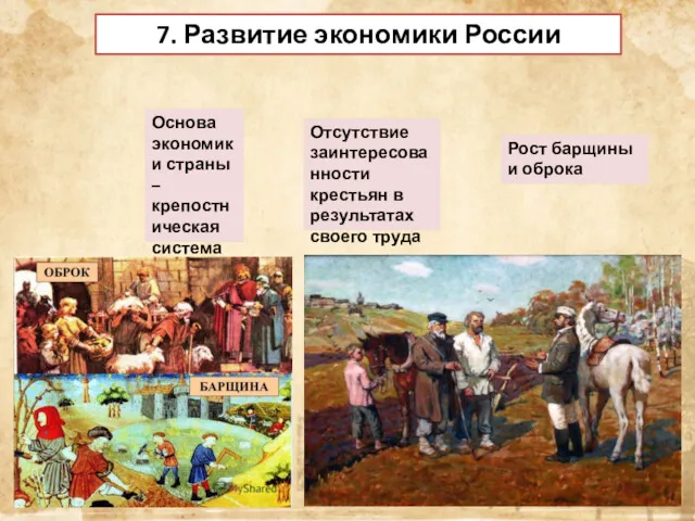 Основа экономики страны – крепостническая система 7. Развитие экономики России