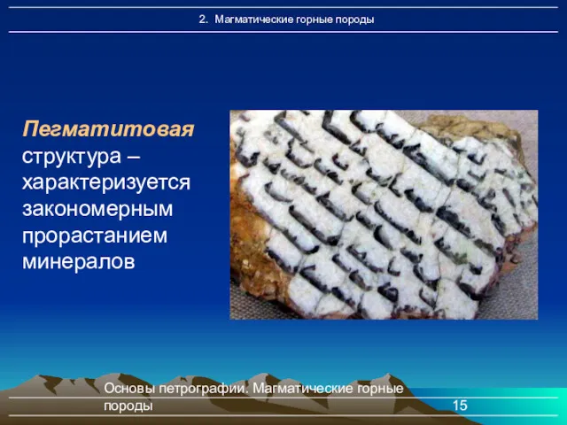 Основы петрографии. Магматические горные породы Пегматитовая структура – характеризуется закономерным прорастанием минералов