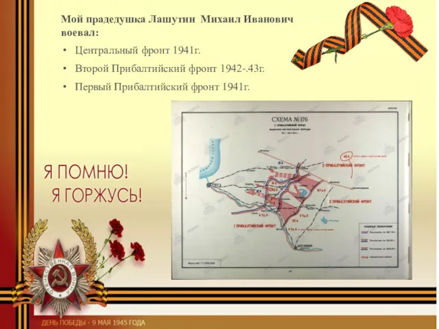 Мой прадедушка Лашутин Михаил Иванович воевал: Центральный фронт 1941г. Второй