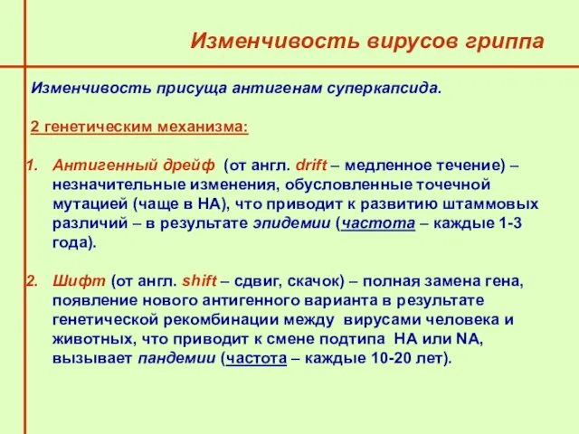 Изменчивость вирусов гриппа Изменчивость присуща антигенам суперкапсида. 2 генетическим механизма: