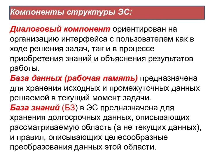 Компоненты структуры ЭС: Диалоговый компонент ориентирован на организацию интерфейса с