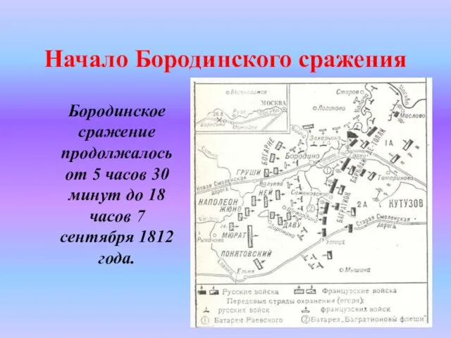 Начало Бородинского сражения Бородинское сражение продолжалось от 5 часов 30