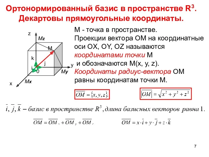 Ортонормированный базис в пространстве R3. Декартовы прямоугольные координаты. 0 M