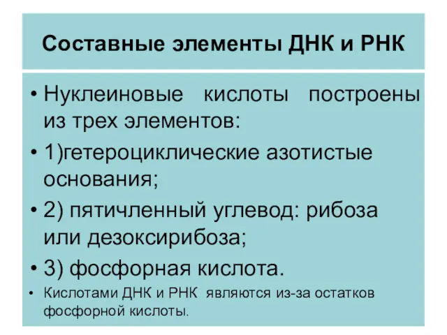 Составные элементы ДНК и РНК Нуклеиновые кислоты построены из трех