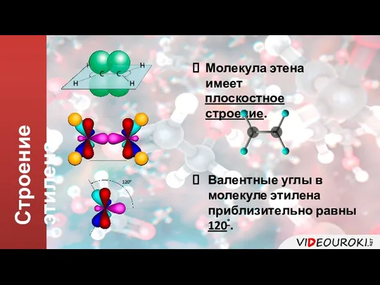 Строение этилена Молекула этена имеет плоскостное строение. Валентные углы в молекуле этилена приблизительно равны 120°.