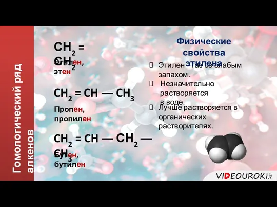 Гомологический ряд алкенов СН2 = СН2 Этилен, этен CH2 =