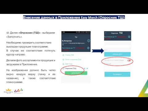 Внесение данных в Приложение Easy Merch (Опросник ТШ) 10. Далее