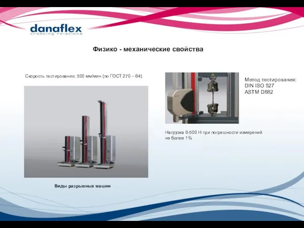 Физико - механические свойства Метод тестирования: DIN ISO 527 ASTM