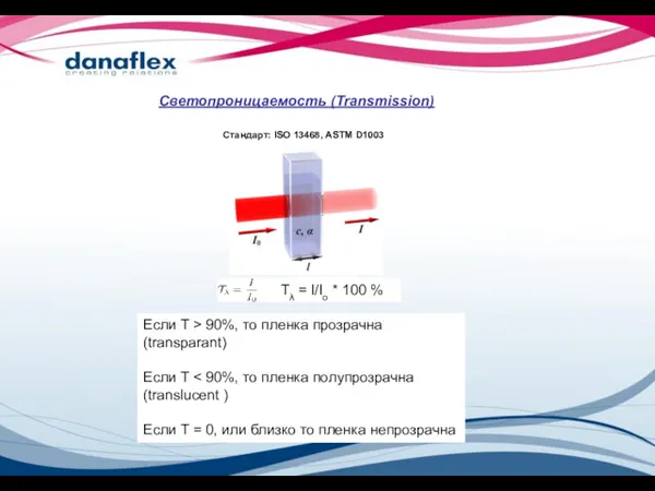 Светопроницаемость (Transmission) Если T > 90%, то пленка прозрачна (transparant)