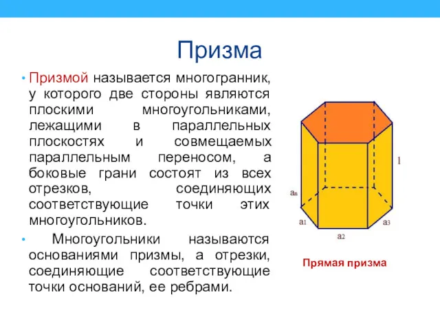 Призма Призмой называется многогранник, у которого две стороны являются плоскими многоугольниками, лежащими в