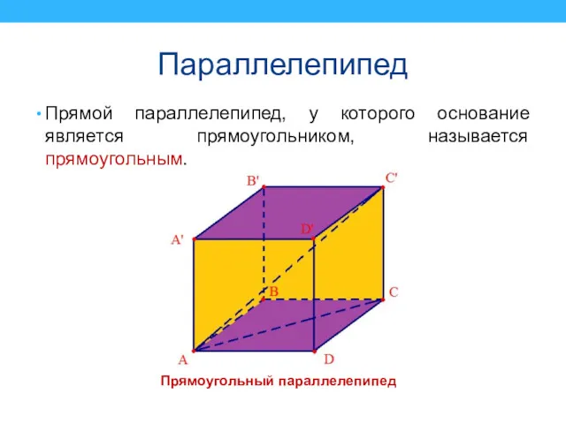 Параллелепипед Прямой параллелепипед, у которого основание является прямоугольником, называется прямоугольным. Прямоугольный параллелепипед