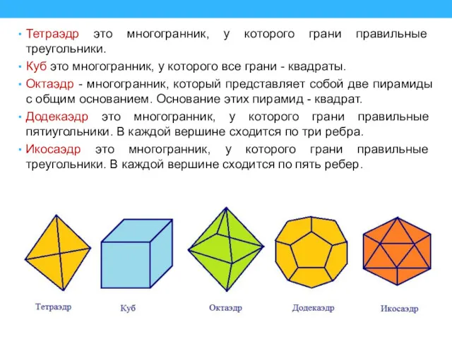Тетраэдр это многогранник, у которого грани правильные треугольники. Куб это многогранник, у которого
