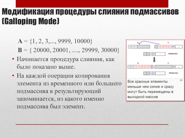 Модификация процедуры слияния подмассивов (Galloping Mode) A = {1, 2, 3,..., 9999, 10000}