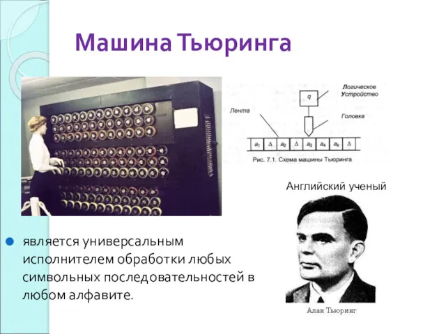 Машина Тьюринга является универсальным исполнителем обработки любых символьных последовательностей в любом алфавите. Английский ученый