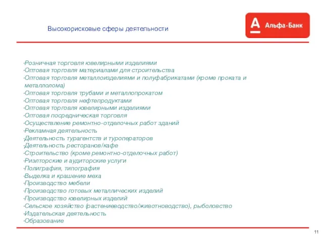 Высокорисковые сферы деятельности Розничная торговля ювелирными изделиями Оптовая торговля материалами