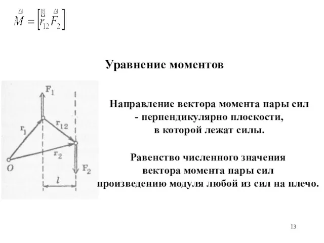 Уравнение моментов Направление вектора момента пары сил - перпендикулярно плоскости,