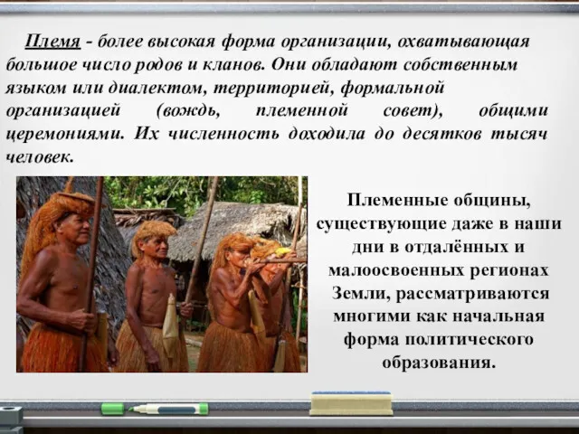 Племя - более высокая форма организации, охватывающая большое число родов