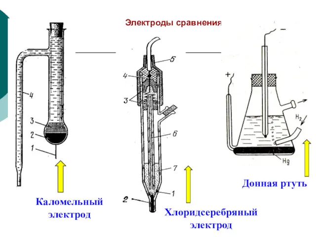 Электроды сравнения Донная ртуть Каломельный электрод Хлоридсеребряный электрод