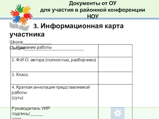 Документы от ОУ для участия в районной конференции НОУ 3. Информационная карта участника Школа_____________ Секция___________________________