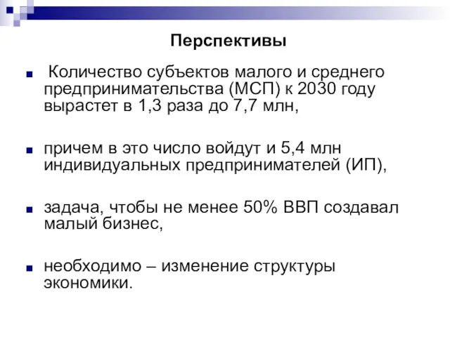 Перспективы Количество субъектов малого и среднего предпринимательства (МСП) к 2030