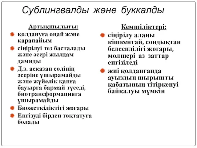 Сублингвалды және буккалды Артықшылығы: қолдануға оңай және қарапайым сіңірілуі тез