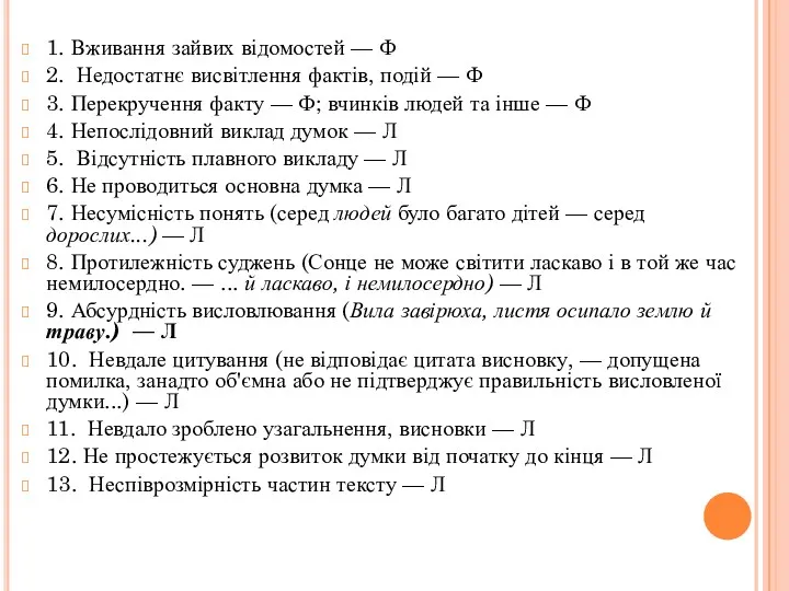 1. Вживання зайвих відомостей — Ф 2. Недостатнє висвітлення фактів,