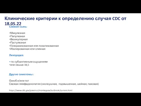 Клинические критерии к определению случая CDC от 18.05.22 Свежая сыпь: