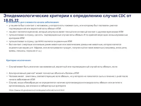 Эпидемиологические критерии к определению случая CDC от 18.05.22 В течение