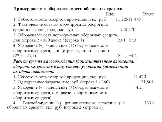 Пример расчета оборачиваемости оборотных средств План Отчет 1. Себестоимость товарной