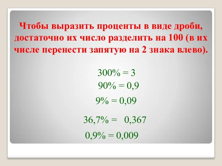 Чтобы выразить проценты в виде дроби, достаточно их число разделить