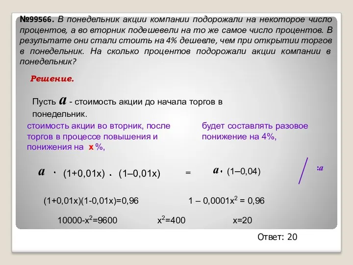 №99566. В понедельник акции компании подорожали на некоторое число процентов,