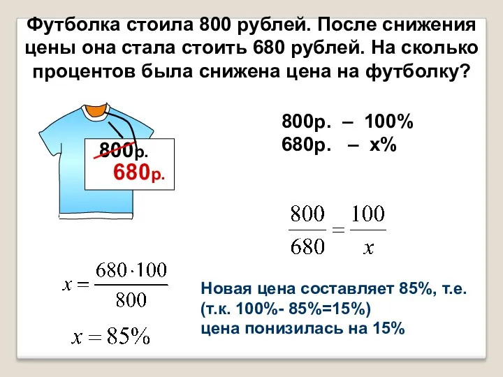 Футболка стоила 800 рублей. После снижения цены она стала стоить