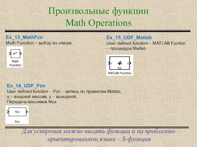 Произвольные функции Math Operations Для ускорения можно писать функции и на проблемно-ориентированном языке – S-функция