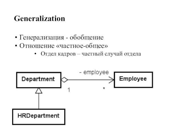 Generalization Генерализация - обобщение Отношение «частное-общее» Отдел кадров – частный случай отдела